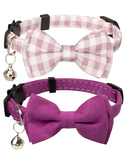 Gyapet Katzenhalsband mit Glöckchen, Fliege, Sicherheitsverschluss, kariert, einfarbig, Geschenkset, Frühlings-Rosa, niedlich, 2 Stück, Violett von Gyapet