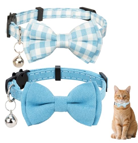 Gyapet Katzenhalsband mit Glöckchen, Fliege für Jungen und Mädchen, Kätzchen, Sicherheitskaro, einfarbig, niedlich, weich, Sommer, 2 Stück, Blau von Gyapet