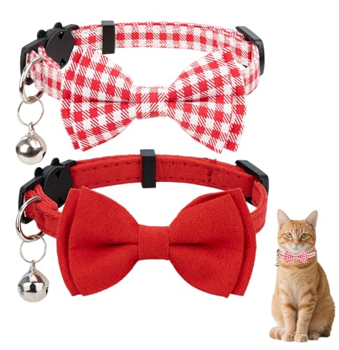 Gyapet Katzenhalsband mit Glöckchen, Fliege für Jungen und Mädchen, Kätzchen, Sicherheitskaro, einfarbig, niedlich, weich, Sommer, 2 Stück, Rot von Gyapet