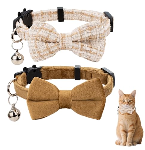 Gyapet Katzenhalsband mit Glöckchen, Fliege für Jungen und Mädchen, Kätzchen, Sicherheitskaro, einfarbig, niedlich, weich, Sommer, B, 2 Stück, Khaki von Gyapet