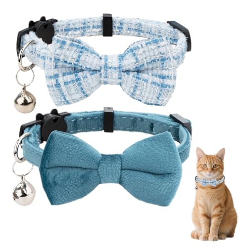 Gyapet Katzenhalsband mit Glöckchen, Fliege für Jungen und Mädchen, Kätzchen, Sicherheitskaro, einfarbig, niedlich, weich, Sommer, B, Blau, 2 Stück von Gyapet