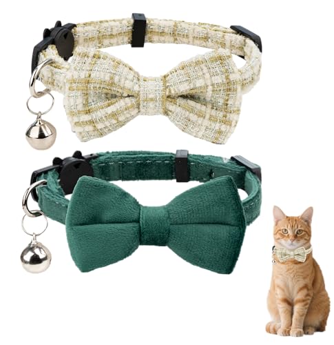 Gyapet Katzenhalsband mit Glöckchen, Fliege für Jungen und Mädchen, Kätzchen, Sicherheitskaro, einfarbig, niedlich, weich, Sommer, B, Grün, 2 Stück von Gyapet