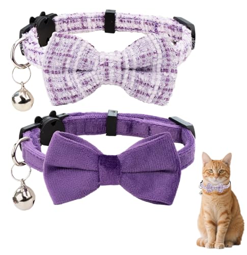 Gyapet Katzenhalsband mit Glöckchen, Fliege für Jungen und Mädchen, Kätzchen, Sicherheitskaro, einfarbig, niedlich, weich, Sommer, B, Lila, 2 Stück von Gyapet