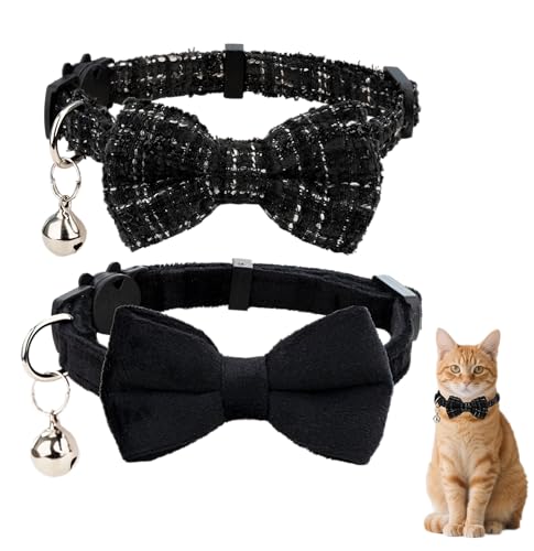 Gyapet Katzenhalsband mit Glöckchen, Fliege für Jungen und Mädchen, Kätzchen, Sicherheitskaro, einfarbig, niedlich, weich, Sommer, B, Schwarz, 2 Stück von Gyapet