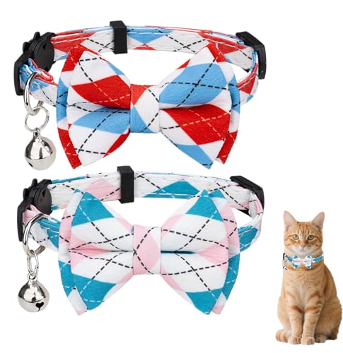 Gyapet Katzenhalsband mit Glöckchen, Fliege für Jungen und Mädchen, Kätzchen, Sicherheitsverschluss, einfarbig, Geschenk-Set, niedlich, festlich, C, kariert, 2 Stück von Gyapet