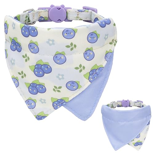 Gyapet Katzenhalsband mit doppelseitigem Bandana-Schal, einfarbig und Obstmuster, Glockenanhänger, abnehmbare Sicherheit, bezaubernd, Violett / Blaubeere von Gyapet