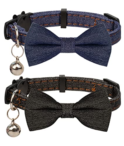 Gyapet Katzenhalsband mit großer Fliege, Glöckchen, Sicherheitsverschluss, blau, schlicht, für Kätzchen, Haustiere, Jungen, 2 Stück, dunkles Set von Gyapet