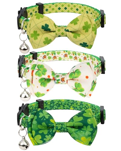 Gyapet St. Patrick's Day Katzenhalsband, abnehmbare Fliege, Glöckchen, Sicherheitsverschluss, irisches grünes Kleeblatt, 3 Stück, verschiedene Farben von Gyapet
