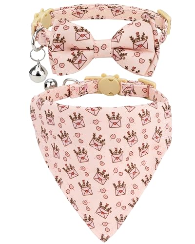Gyapet Pinkes Katzenhalsband, 2-teiliges Set mit Fliege, Bandana, Glocke, abnehmbares Liebesherz, niedliche Sicherheit für Kätzchen, Katzen, kleine Haustiere [Schleife + Bandana], Liebesbrief von Gyapet