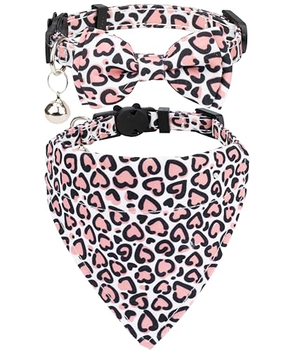 Gyapet Valentinstag-Katzenhalsband, 2-teiliges Set mit Schleife, Bandana, Glocke, abnehmbares Liebesherz, niedlich, Sicherheit für Kätzchen, Katzen, kleine Haustiere [Schleife + Bandana], rosa Herzen von Gyapet