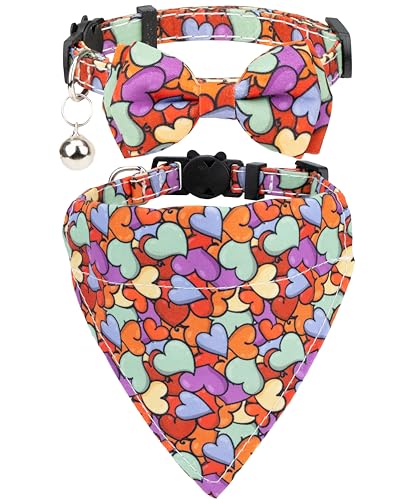 Gyapet Valentinstag-Katzenhalsband, 2-teiliges Set mit Schleife, Bandana, Glocke, abnehmbares Liebesherz, niedlich, Sicherheit für Kätzchen, Katzen, kleine Haustiere [Schleife + Bandana] Herzen von Gyapet