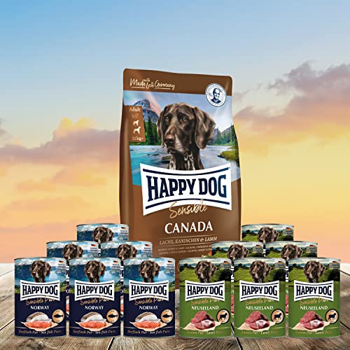 H D Happy Dog - 1 x 1 kg Canada (Lachs, Kaninchen und Lamm) + 6 x 400 g Dosen Lamm Pur + 6 x 400 g Seefisch Pur von H D