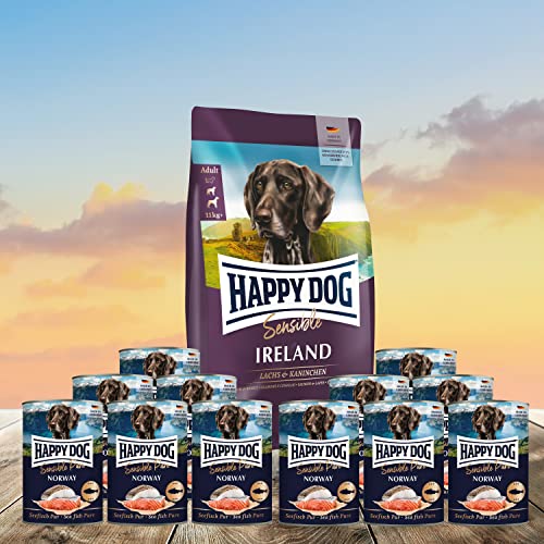 H D Happy Dog - 1 x 1 kg Ireland (Lachs und Kaninchen) + 12 x 400 g Dosen Seefisch Pur von H D
