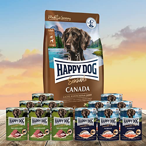 H D Happy Dog - 1 x 4 kg Canada (Lachs, Kaninchen und Lamm) + 6 x 400 g Dosen Lamm Pur + 6 x 400 g Seefisch Pur von H D