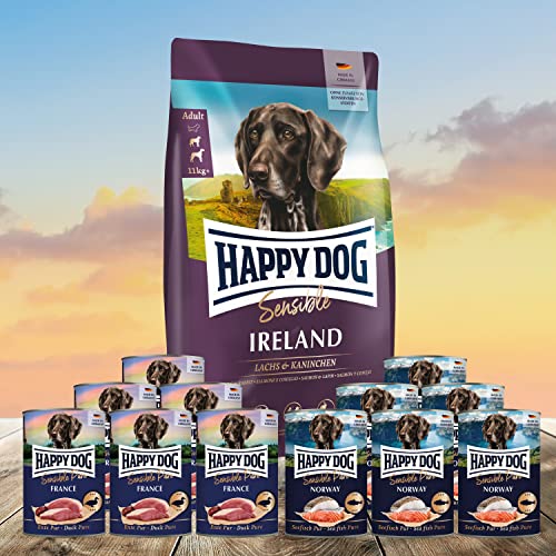 Happy Dog - 1 x 4 kg Ireland (Lachs und Kaninchen) + 12 x 400 g Dosen Seefisch von H D