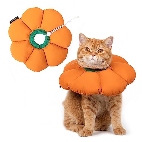 Katzen-Kegelhalsband, niedliches wasserdichtes Katzen-Genesungshalsband, Anti-Bisslecken, Wundheilung, Sicherheit, elisabethanisches Halsband für Katzen, orangefarbenes Kürbis-Katzen-Halloween-Kostüm von H HIDREAM