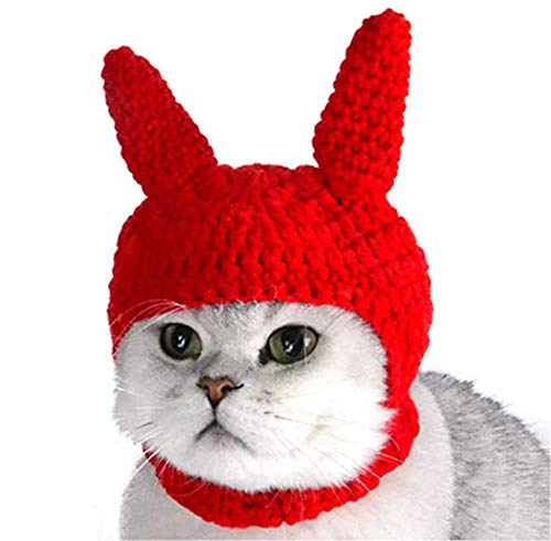 H.S.G.K Modische rote Haustiermütze aus Baumwolle, gewebte Kopfbedeckung, Katzenmütze, Strickmütze, Pom Pom Ohrenkappe, Kostüme von H.S.G.K