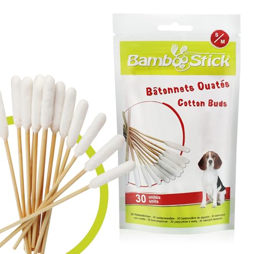 BambooStick Pack mit 30 Wattestäbchen S/M zur Reinigung der Ohren großer Hunde - Natürliches Produkt zur Pflege der Hundeohren - Einfache Anwendung - Entwickelt von einem französischen Tierarzt von Kerbl Pet