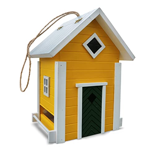 HABAU Futterhaus Schweden zum Aufhängen, montierter Futterspender mit Kordel, Gelb, ideal für Garten und Balkon von HABAU