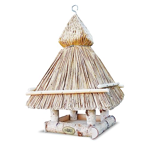 HABAU Vogelhaus aus Birke mit Strohdach, unbehandelt und handgefertigt, rustikales Futterhaus zum Aufhängen, 32 x 32 x 50 cm von HABAU