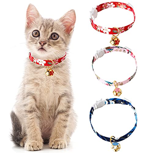 HACRAHO Breakaway Katzenhalsband, 3 Stück, verstellbare Katzenhalsbänder im japanischen Stil, Katzenhalsband mit hohler Blumenglocke für Kätzchen, Welpen, Haustiere, Rot, Rosa, Blau von HACRAHO