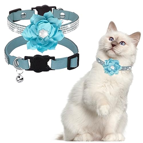 HACRAHO Breakaway Katzenhalsband mit Glocke, 1 Packung Strass Bling Kätzchen Katzenhalsband mit Glocke Glanz Katzenhalsband mit Schnalle für Katze Mädchen und Kleine Hunde Welpen, Blau von HACRAHO