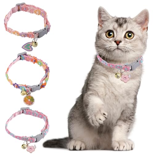 HACRAHO Breakaway Katzenhalsband mit Glöckchen, 3 Stück, verstellbar, florales Katzenhalsband, Haustier-Sicherheits-Halsband mit niedlichem Anhänger für Katzen und Kätzchen von HACRAHO