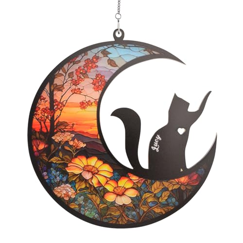 HACRAHO Buntglas-Fensteraufhängung, 1 Packung schwarze Katze auf dem Mond, Sonnenfänger, Ornament, Dekor, Buntglas, Katzen-Gedenkgeschenke, Hunde-Gedenkgeschenke für Hundeliebhaber von HACRAHO