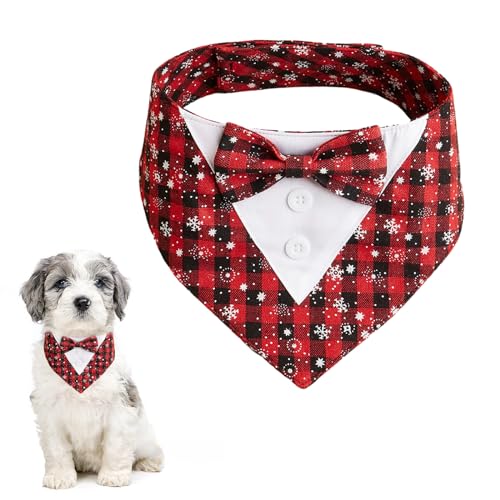 HACRAHO Christmas Dog Smoking Bandana, 1 Pack Red Plaid Dog Christmas Tux Bandana with Bowtie Adjustable Pet Bib Scarf for Small Dogs Cats Puppy XS von HACRAHO