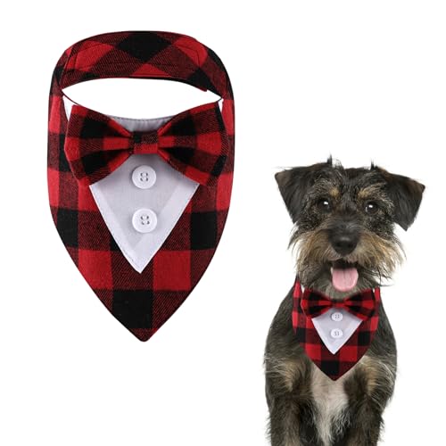 HACRAHO Formal Dog Smoking Bandana, 1 Pack Plaid Dog Smoking Bandana Dog Wedding Collar with Bow Tie Adjustable Pet Costume Bowtie Neckerchief for Small Medium Dogs, L von HACRAHO