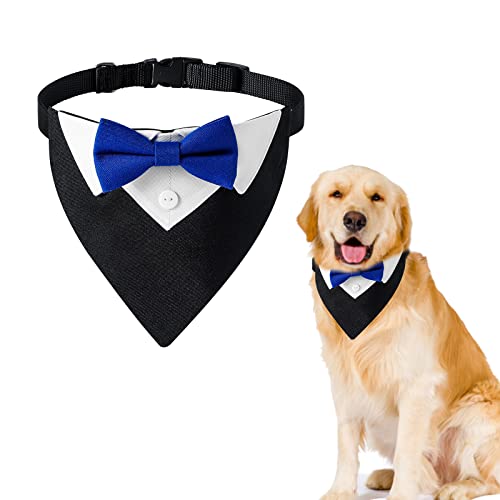 HACRAHO Formal Dog Smoking-Bandana, 1 Stück, verstellbar, blau, Hochzeitshalsband mit Fliege und Krawatte, Smoking-Bandana mit Halsband für mittelgroße und große Hunde, Größe L von HACRAHO