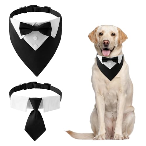 HACRAHO Formal Dog Smoking Bandana, 2 Pack Dog Wedding Bandana Dog Collar with Bow Tie and Neck Tie Adjustable Collar Formal Tux Dog Bow Tie Adjustable Neckerchief, Black von HACRAHO