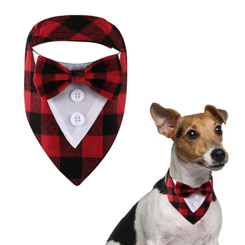 HACRAHO Formale Hund Smoking Bandana, 1 Packung Plaid Hochzeit Bandana Hundehalsband Verstellbares Hundebandana Halsband mit Fliege für Kleine Mittlere Hunde Haustier Verlobung Kostüme, M von HACRAHO