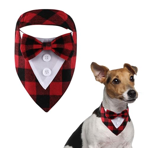 HACRAHO Formale Hund Smoking Bandana, 1 Packung Plaid Hochzeit Bandana Hundehalsband Verstellbares Hundebandana Halsband mit Fliege für Kleine Mittlere Hunde Haustier Verlobung Kostüme, M von HACRAHO