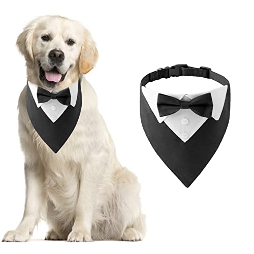 HACRAHO Formales Hunde-Smoking-Bandana, 1 Stück, Hunde-Smoking-Bandana, Hunde-Hochzeits-Halsband mit Fliege und Krawatte, verstellbar, schwarz, Halstuch für große und übergroße Hunde, Größe L von HACRAHO