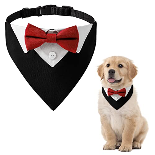 HACRAHO Formelles Hunde-Smoking-Bandana, 1 Stück, rotes Hundesmoking, Baumwolle, Hundehalsband, Hochzeitshalsband mit Fliege und Halsband für Hunde und Katzen, M von HACRAHO