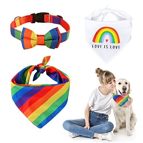 HACRAHO Haustier-Bandana und Halsband-Set, 3 Stück, atmungsaktiv, Regenbogen-Halstuch, weich, bunt, Haustier-Schal, Lätzchen mit Verstellbarer Fliege, Halsband für Hunde, Katzen und Stolzmonat HACRAHO Haustier-Bandana und Halsband-Set, 3 Stück, atmungsaktiv, Regenbogen-Halstuch, weich, bunt, Haustier-Schal, Lätzchen mit Verstellbarer Fliege, Halsband für Hunde, Katzen und Stolzmonat von HACRAHO