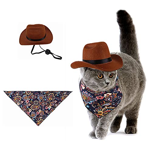 HACRAHO Haustier-Cowboy-Kostüm, 2 Stück Verstellbarer Hundekaffee-Cowboy-Hut und Blauer Paisley-Bandana-Schal Western-Cowboy-Zubehör Foto-Requisiten für kleine Hunde und Katzen von HACRAHO