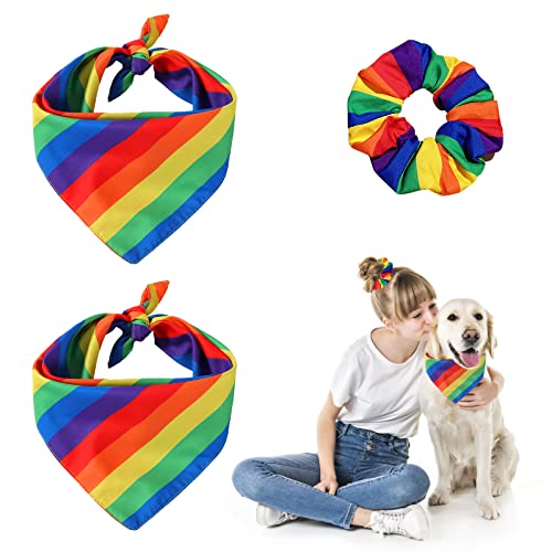 HACRAHO Haustierhalstuch und passendes Haargummi, 3 Stück, Baumwolle, Regenbogen-Haustier-Halstuch mit Haargummi, bunter Hundeschal und Regenbogen-Haargummi für Hunde, Katzen und Stolzmonat von HACRAHO