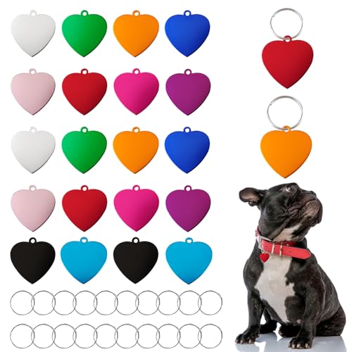 HACRAHO Haustier-ID-Tag, 20 Stück Haustier-Aluminium, personalisierbar, bunt, doppelseitig, blanko, Hundemarken mit 20 Schlüsselringen, Herzform von HACRAHO