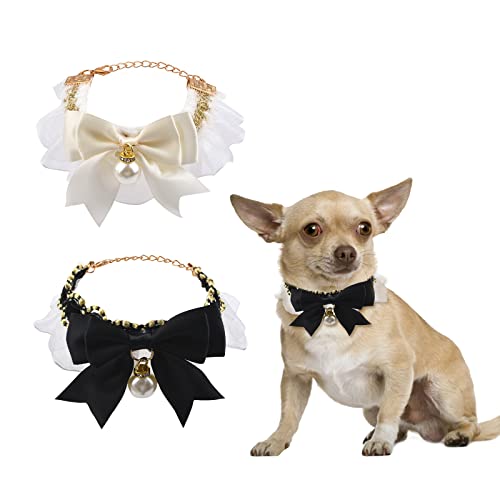 HACRAHO Haustier-Spitzenhalsband, 2 Stück, verstellbar, mit süßem Perlen-Anhänger, elastisch, schwarz, weiß, schönes Spitzenhalsband für Katze und Hund von HACRAHO