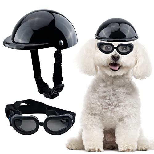 HACRAHO Haustierhelm Und Schutzbrillen-Set, 2 Stück Helm Und Sonnenbrille Haustiermütze Schutzhelm Entzückende Welpenbrille Für Kleine Haustiere, Fünf Zoll von HACRAHO