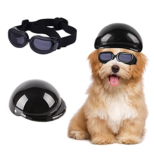 HACRAHO Haustierhelm und Schutzbrillen-Set, 2 Stück Schwarzer Hundemotorradhelm und Hundesonnenbrille Haustierschutzkappe mit verstellbarem Riemen Haustierbrille für kleine Hunde von HACRAHO