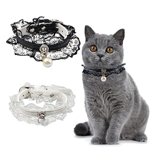 HACRAHO Hochzeitshalsband für Katzen, Spitze, verstellbar, mit Spitzen- und Perlenanhänger, PU-Leder, Hochzeitshalsband für Katzen, Welpen, Kätzchen, Weiß und Schwarz, 2 Stück von HACRAHO