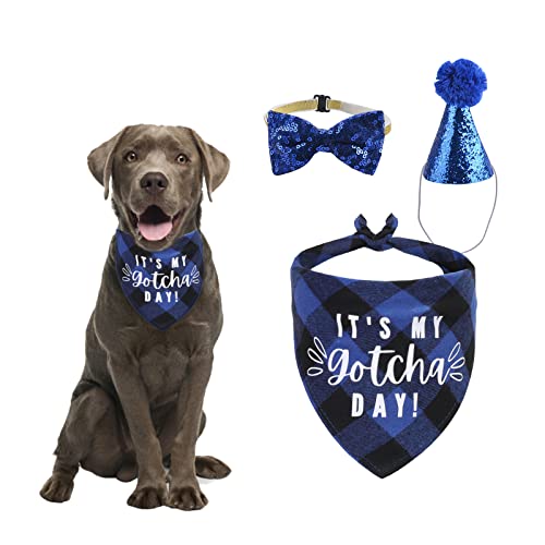 HACRAHO Hund Geburtstag Bandana Hut Fliege Set, 3 Stück My Gotcha Day Plaid Hund Bandana Hund Dreieck Lätzchen Schal Fliege Halsband mit Kegel Hund Geburtstagsmütze für Hund Geburtstag Party, Blau von HACRAHO