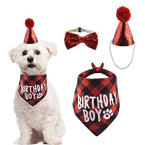 HACRAHO Hunde-Geburtstags-Halstuch und Mütze, 2 Stück, Welpen-Geburtstags-Outfit, Karierter Hunde-Geburtstagsparty-Schal und Mütze für Hundewelpen, Rot von HACRAHO