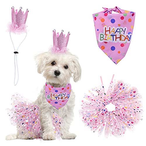 HACRAHO Hunde-Geburtstagsparty-Zubehör, 3-teiliges Hunde-Geburtstags-Halstuch mit Hut und Kleid, Mädchen-Set, Happy Birthday, Hundehalstuch für kleine, mittelgroße Hunde, rosa von HACRAHO
