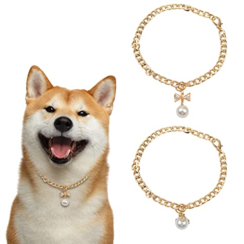HACRAHO Hunde Halskette Gold, 2 Stück Verstellbare Goldene Hundehalskette Mit Elegantem Perlenanhänger Kubanisches Hundehalsband Aus Metall Mit Verstellbarer Schnalle Für Katzen Hunde Welpe HACRAHO Hunde Halskette Gold, 2 Stück Verstellbare Goldene Hundehalskette Mit Elegantem Perlenanhänger Kubanisches Hundehalsband Aus Metall Mit Verstellbarer Schnalle Für Katzen Hunde Welpe von HACRAHO