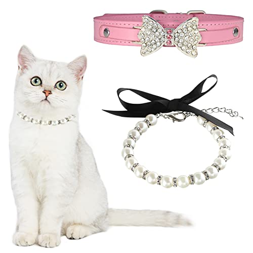HACRAHO Hunde Halskette Halsband, 2 Stück Verstellbares Hund Leder Halsband Katzen Perlenhalsband Strass Katzen Hochzeit Halsband für Hunde Katzen Welpen, Rosa und Weiß von HACRAHO