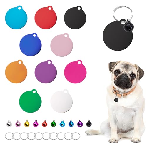 HACRAHO Hunde-ID-Tags, runde Aluminium-Erkennungsmarken mit 10 Glöckchen, für Namen, Telefonnummern, ID-Tags mit 10 Schlüsselringen für Hunde und Haustiere, 10 Stück HACRAHO Hunde-ID-Tags, runde Aluminium-Erkennungsmarken mit 10 Glöckchen, für Namen, Telefonnummern, ID-Tags mit 10 Schlüsselringen für Hunde und Haustiere, 10 Stück von HACRAHO